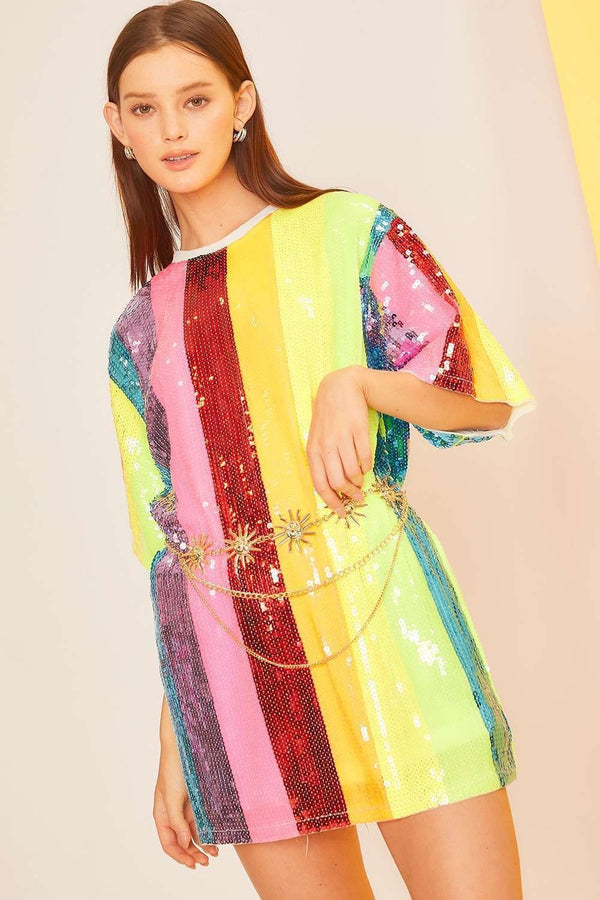 Neon Rainbow Color Block Sequin Shirt Dress