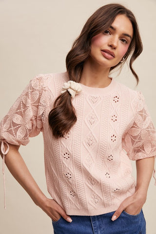 Buy mute-pink Crochet Sleeve Pointelle Cable Knit Sweater Top