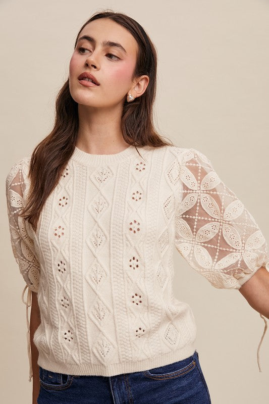 Crochet Sleeve Pointelle Cable Knit Sweater Top