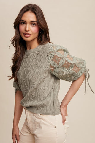 Buy sage Crochet Sleeve Pointelle Cable Knit Sweater Top