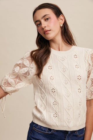 Buy beige Crochet sleeve pointelle cable knit sweater top