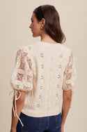 Crochet Sleeve Pointelle Cable Knit Sweater Top