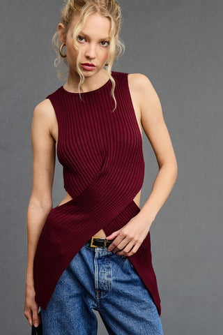 Buy wine CRISS-CROSS WAIST WRAP CUT-OUT SWEATER TOP