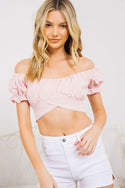 OFF SHOULDER PLEATED CROP TOP WITH BACK RIBBON TIE