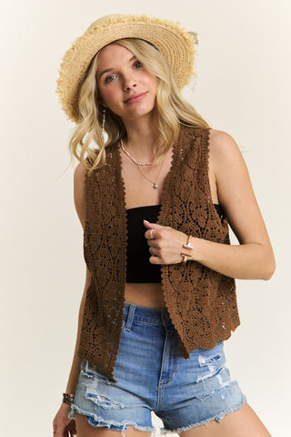 Buy mocha Crochet Vest with Scallop Hem